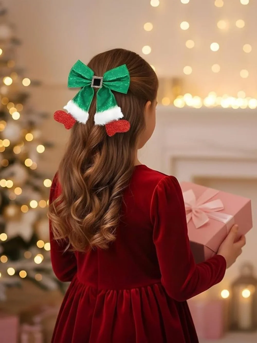 Christmas Glitter Bow Hair Clips Set of 2 Red Green Sequin Santa Holiday NWOT